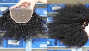 Afro Kinky Curly Hair 3 Bundles with Afro Kinky Closure Middle 3 Part Double Weft Human Hair Extensions Dyeable Human Hair We1542650