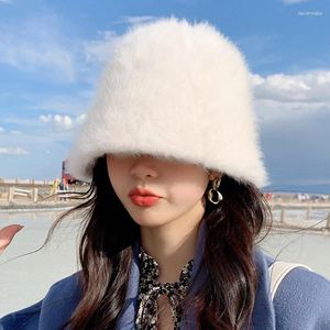 Berets cor sólida mulheres inverno pescador chapéu imitação de cabelo feminino balde chapéus capa proteção de orelha à prova de frio quente pelúcia