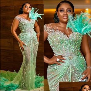 Vestidos de baile de penas luxuoso plus size aso ebi mint sereia mangas curtas frisado ilusão noite elegante para mulheres negras Birthd Dhtij