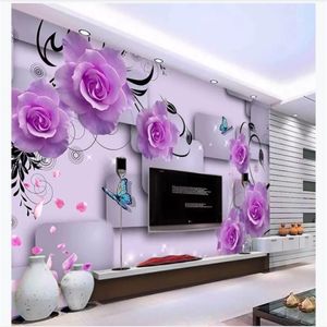 Customized 3d Wandbild Tapete PO Wallpapier Purpur Rosenblätter fällen dreidimensional quadratische Mode 3D-TV-Sofa Hintergrund W255d