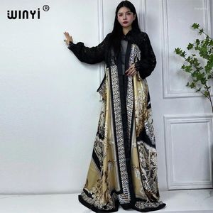 Casual Dresses Winyi Long Coat for Women Africa Lace Necklining Street Wear Print Muslim Lady Kaftan Ramadan Kimonos Kuwait Fashion Abaya