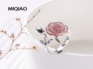 Miqiao anel de flor rosa para mulheres, joias 925 prata esterlina ajustável pedra natural morango cristal feminino fashion5331403