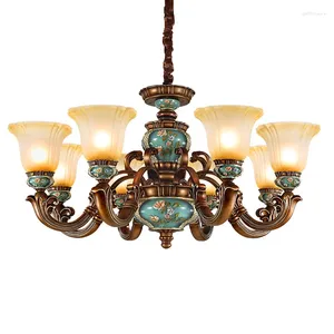 Lampadari di lusso in stile europeo vintage classico paralume in vetro smerigliato lampada a sospensione in resina con luci decorative di fiori intagliati