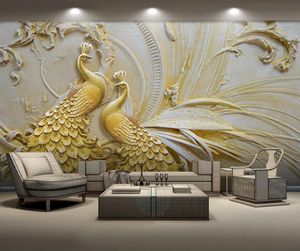Dropship Custom Mural Wallpaper For Walls 3D Stereoscopic Embossed Golden Peacock Background Wall Painting Living Room Bedroom Hom7686389