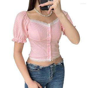 T-shirt da donna T-shirt rosa T-shirt da donna carine T-shirt per ragazze dolci Manica a sbuffo In pizzo Colletto quadrato Maglietta corta monopetto Kawaii