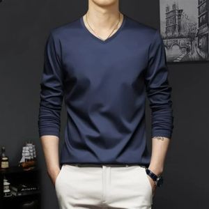 Autumn Promotion Ice Silk Tshirt Men's Korean Casual Versatile Solid Long Sleeve VNeck Fashion Slim Thin Top2023 240123