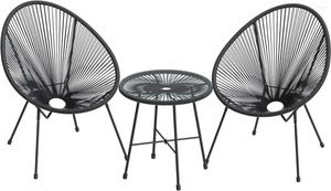 Camp Furniture 3-Piece Seating Acapulco Modern Glass Top Table And 2 Chairs Indoor Outdoor Conversation Bistro