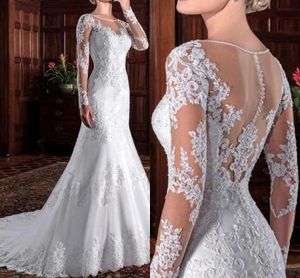 Vintage långärmad spets sjöjungfru bröllopsklänningar ren juvelhalsapplikationer spets tyll brudklänningar med knapp täckt tillbaka vestido bc18232