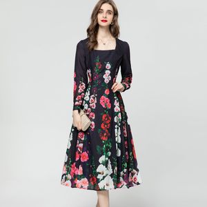 Women's Runway Dresses Square Neckline Floral Printed High Street Elegant Designer Vestidos