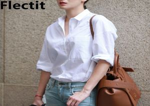 Flectit Повседневная шикарная женская белая рубашка с базовым воротником на пуговицах и длинными рукавами Блузка бойфренда Весенне-летние топы 2009234918621
