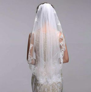 Ivory Velos Novia 2017 New Wedding Veil Short One Lays Lace Applique Edge veu de noiva voile mariage Bridal veil7933392の販売