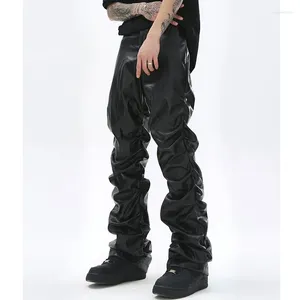 Męskie spodnie Hip Hop Męskie plisowane pu skóra harajuku retro streetwear luźne łydki krainy swobodne spodnie proste solidny kolor czarny