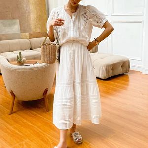 Saias ayualin casual solto saia branca ternos vintage bordado manga curta camisas boho praia algodão conjunto para mulheres verão 2024