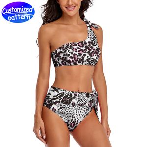 Women's custom bikini swimsuit One shoulder high waist strap with padded high definition heat transfer print Leopard print 86% polyester +14% Spandex 235g white