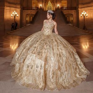 Champagne Spaghetti Strap Quinceanera Dress 2024 Ball Gown Appliques Beading Sequins Tull Sweet 16 Dress Vestido De 15 Anos
