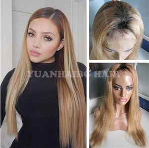 Högkvalitativ 1BT27 Silkeslen rak två ton malaysiska remy hår honung blond ombre full spets peruk 3250544