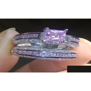 Couple Rings Luxury Size 5678910 Jewelry 10Kt White Gold Filled Pink Topaz Princess Cut Simated Diamond Wedding Ring Set Gift With Bo Dhlex