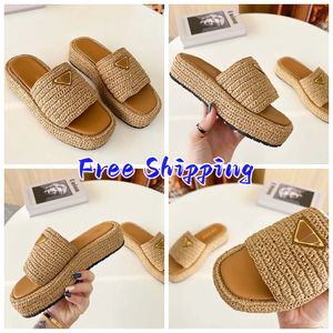 gratis frakt tofflor triangel spänne raffia halm espadrille lyx kvinnor tjocka botten sandaler glid mulor glider lady plattform kilar fyrkantiga tå flip flops