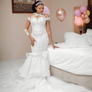 2024 Vintage Mermaid Dresses Dresses Bridal Vrics High Neck Sleeves Organza Lace Hearls Peads بالإضافة إلى حجم ذيل السمك النيجيري الأفريقي Robe De Mariee