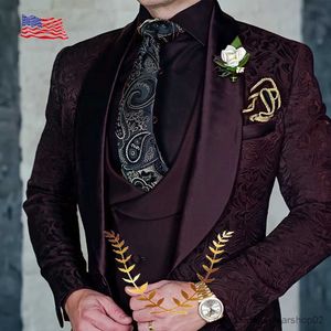 Men's Suits Blazers Formal Floral Mens Suit Wedding Groom Tuxedo Three Piece Black Party Dress Slim Fit Design Elegant Mens Suit