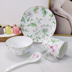 Designer Dinnerware Sets Sweet Plum Series Bone China 4-pieces Dinner Bowls Plates Mugs and Spoons Set