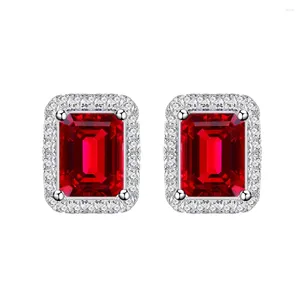 Orecchini a bottone Vero S925 Argento rettangolare Donna 5 7mm Diamante rosso Femmina 5A Zircone Design originale Gioielli di lusso Regalo per ragazza