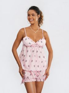 Damen-Trainingsanzüge, zweiteiliges Pyjama-Set für Damen, süßer Blumendruck, ärmellos, Cami-Tops mit tiefem V-Ausschnitt und Shorts, Preppy Pjs Loungewear