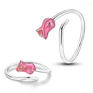 Cluster Rings 2024 Real 925 Sterling Silver Pink Tulip Purple Iris Sun Open Ring Irregular Fashion Fine Jewelry Valentine's Day Gift