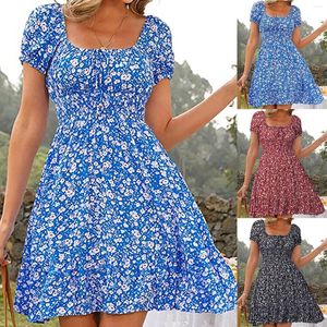 Freizeitkleider Damen Sommerkleid Blumendruck Hohe Taille Puffärmel Retro Sexy Tunika Strand