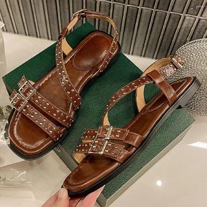 Sandals Danxuefei Women's Genuine Leather Narrow Band Rivet Decoration Casual Female Summer Flats Open Toe Daily Shoes For Women