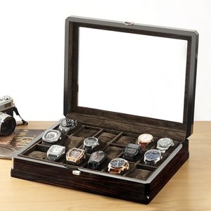 豪華な時計ボックスケース純粋な木材cas木製ディスプレイボックスウォッチオーガナイザースクエアガラスキャビネットパッキング18シート収納ボックスマン240122