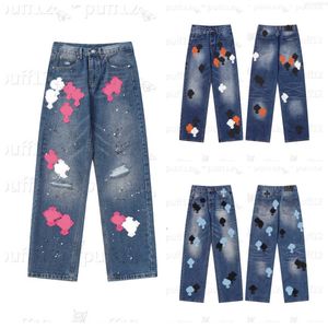 CH JEANS 남자 디자이너 패션 청바지 레트로 간단한 느슨한 느슨한 느슨한 크롬 스트레이트 바지 하트 편지 인쇄 크로스 자수 청바지 9SUQ