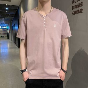 Camiseta curta de seda gelada masculina, meia manga, verão, algodão mercerizado, decote em V, secagem rápida, roupas quentes