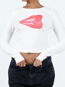 Damen-T-Shirts, Kimydreama, figurbetonte Basic-Langarm-Crop-Tops, lässige Rundhals-T-Shirts mit Lippen-Aufdruck, Frühlings-Herbst-Pullover-Blusen