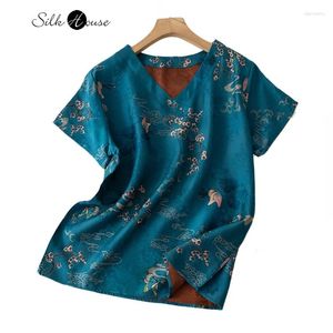 Mulheres camisetas 2024 verão top azul borboleta amor flor vermelho nuvem fio perfurado floral seda perfumada camisa com decote em v para mulheres