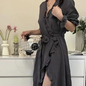 Women's Sleepwear Pure Wind V-neck Solid Color Ins Lacing Sexy Home Dress Nightgown Nightdress Bathrobe 2024 Fall Pajamas