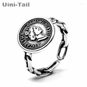 Cluster Rings Uini-Tail 925 Silver Tide Chain Coin Ring Female Fashion Personality Retro Thai Alphabet Queen Portrait