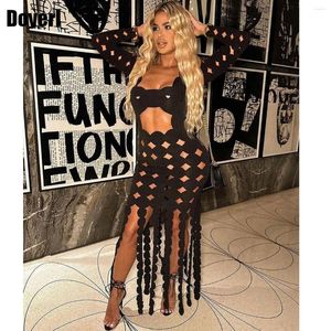 Casual Dresses Hollow Out Sexy Long Black Party Dress Women Night Club Midnight See Through Backless Bodycon Sleeve Bandage