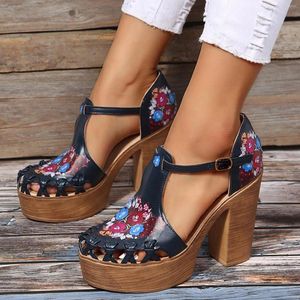 Sandalen Damen Sommer Retro Mode Runde Zehen Blume Chunky High Heel Schnalle