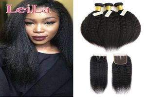 Peruvian Virgin Hair Kinky Straight Hair Bundles With Closure 4Pcs Lot 100 Human Hair 3 Bundles Italian Coarse Yaki With 4X4 1031439