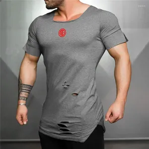 Magliette da uomo Muscleguys Marca Estendi Camicia lunga Uomo Moda Vintage Hole Hip Hop Fitness T-shirt Estate Manica corta Slim Fit Palestre Tshirt