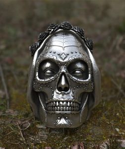 Goth Santa Muerte Rose Rose Crown Crown Sugar Sugar Stal Stal Stal Pierścienie damski punkowy biker