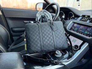 Famous designer men's pure leather black gridiron briefcase, messenger bag, laptop bag, business office bag, cross-body bag traveling bag shoulderbag purse