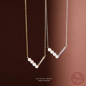 Halsketten S925 Sterling Silber V-Form Halbperle Halbzirkon Anhänger Halskette für Frauen Einfache Leichte Luxus Hochzeit Schmuck Zubehör