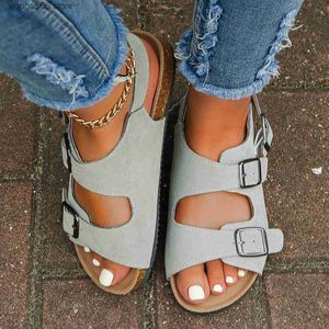 Sandálias Sandálias de tamanho grande com fivela vazada para mulheres de couro fosco com linha reta e sola grossa sandálias de praia T240220
