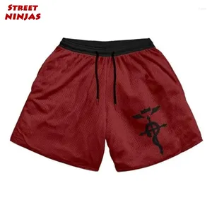 Mäns shorts Anime Full Metal Alchemist Gym Workout for Men chic casual med fickor 5 tum snabb torr atletisk fitness