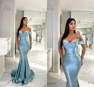 Sexy Pool Blue Mermaid Evening Dresses Spaghetti Straps Beads Sequins Pleats Long Satin Prom Party Gowns Women Formal Ocn Vestido Bc18172