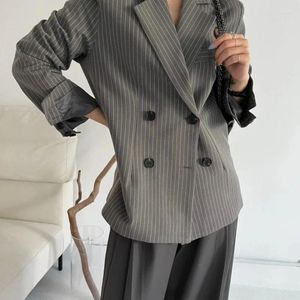 Kadın Suits Unxx Kadın Kış Kış Vintage Sıradan Dikey Çizgili Blazer İşe Gidiş Gevşek Baskılı Çift Göğüslü Takım Elbise Yaka Ceketler