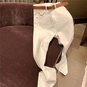 Calças jeans femininas designer com cinto clássico moda jeans menina senhora hiphop estilo rua calça branca