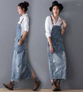 Modna sukienka Maxi Denim Summer Ladies Suspeners Otwory Dżinsy Sukienki Kobieta luźna w rozmiarze Błękitne dżinsy Długie sukienka 807518622642